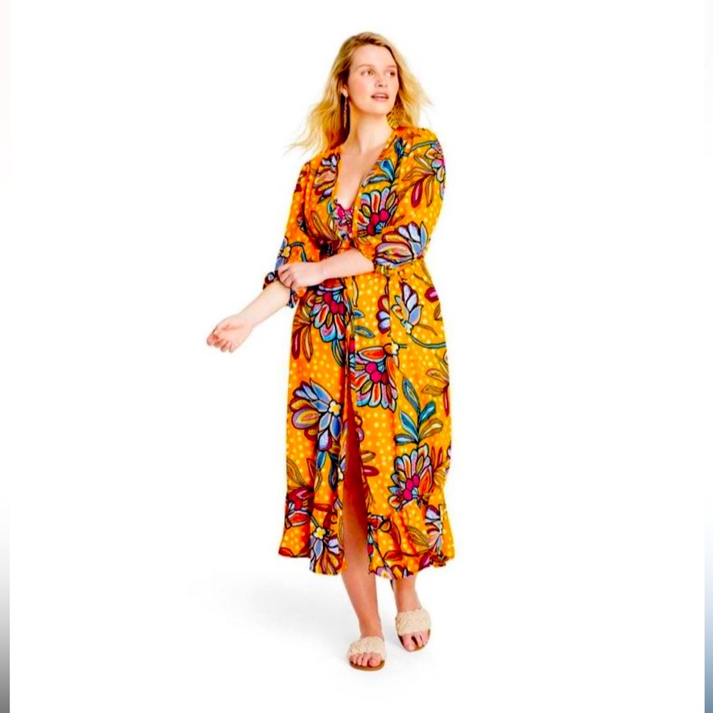 Tabitha Brown Floral Polka Dots Print Belted Cover Up / Wrap with Pockets sz S - Picture 1 of 12
